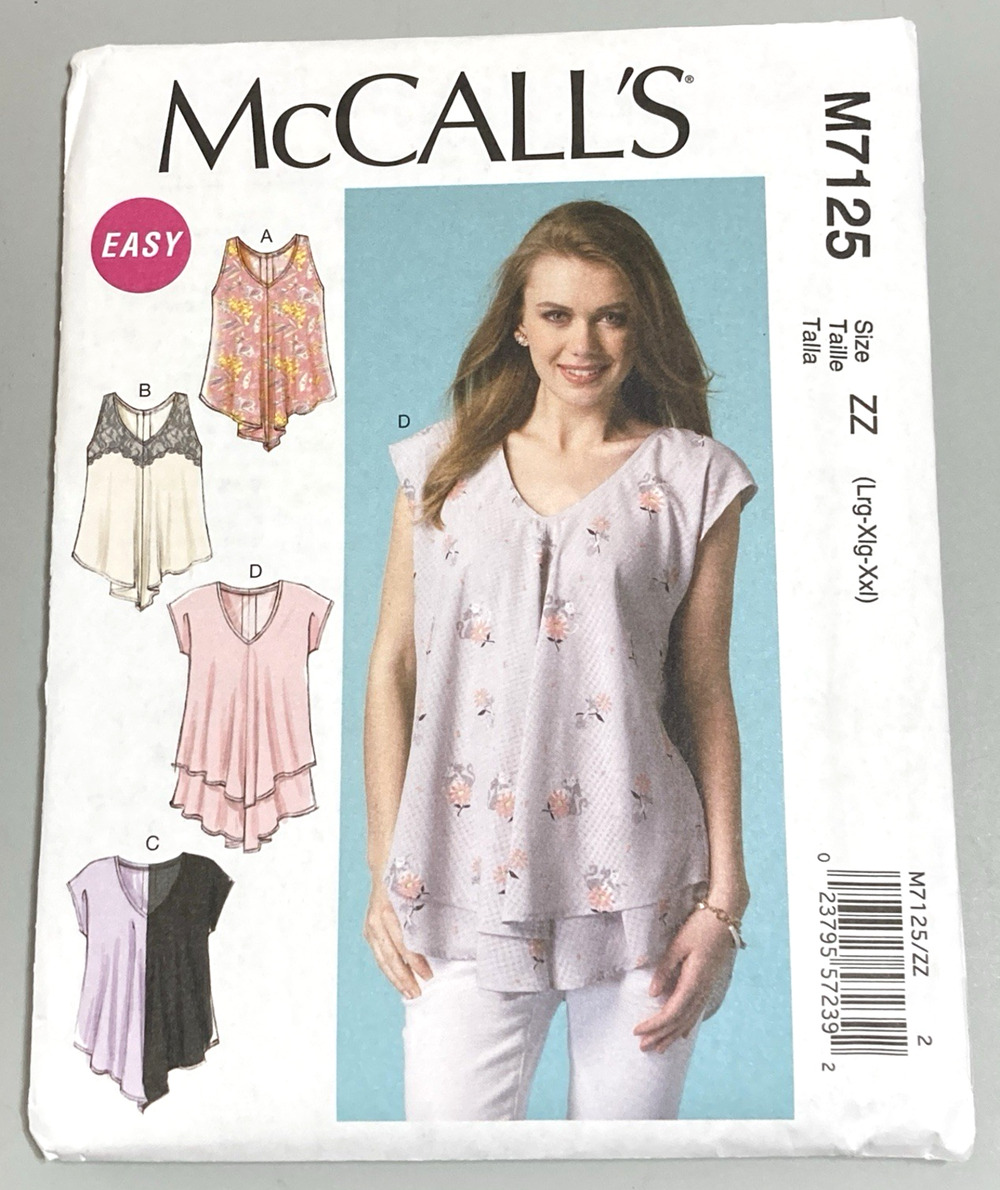 McCall 7125 Pattern Easy Pullover Tops Shaped Hemlines Misses L-XXL 16-26 UNCUT